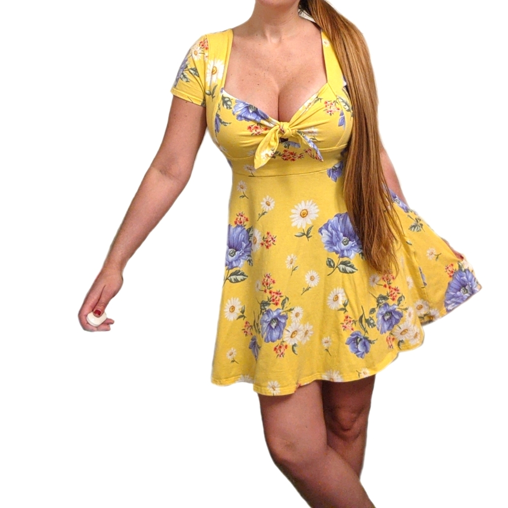 Forever 21 Yellow Daisy Floral Dress Sexy BOHO Sunshine Mini Dress